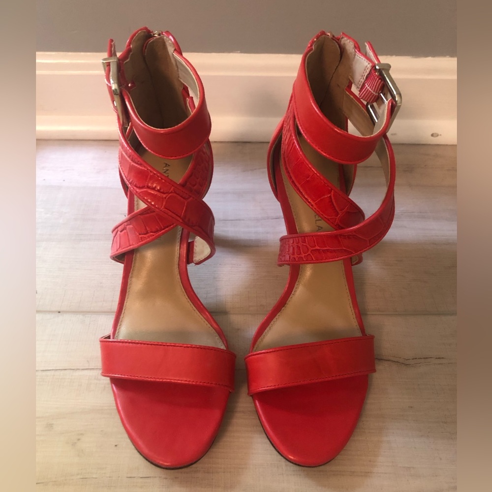 ANTONIO MELANI Red/Orange Strappy heels with zip back and buckle - size 8